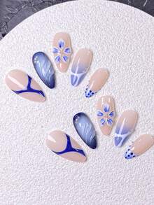 10 móng tay giả thủ công, móng ngắn, móng hình hạnh nhân, màu nude, xanh nhạt, kiểu Trung Quốc mới, thiết kế thanh lịch, móng tay năm mới, họa tiết hoa nhuộm tie-dye vẽ tay, trang trí đá và hạt cườm bạc, bao gồm dụng cụ làm móng, dễ dàng gắn và tháo, phù hợp cho phụ nữ và bé gái. - Màu xanh bụi bặm - Xem 5