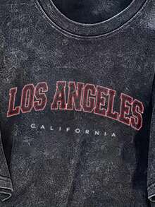 Vintage Oversized Black Marled Los Angeles Letter Graphic Short Sleeve T-Shirt, Gift, For Going Out Anti-Wrinkle Cotton T-Shirt - 黑色 - 查看 2