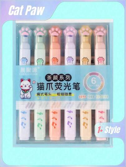 6pcs Cat Paw Design Multicolor Highlighter Pens, Cute Multipurpose Fluorescent Markers Suitable For Office, School, Students, Drawing, Marking, Back To School Essential