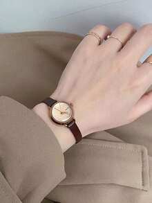 1件少女石英表，圆形小巧休闲可爱棕色S68优质PU皮表带，日常佩戴计时表，适合休闲、聚会、节日、生日礼物 - 彩色 - 查看 5