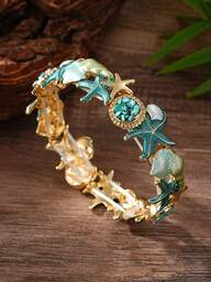Cring Coco Gioielli Boho Estivi Costieri, Bracciale Aperto Placcato Oro con Intarsio di Pietra Turchese e Smalto a Forma di Stelle Marine e Conchiglie, Regalo per Vacanze da Donna