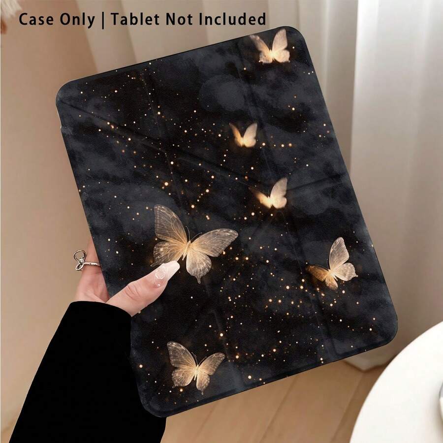 黑色底金色星蝶图案亚克力水晶透明平板电脑保护套,带支架,兼容三星A9/A9+/S9/S9FE/A11/A11+/S11/S10 FE/S10 FE+/S10 Lite、苹果Air 5/6、荣耀、Matepad等热门机型。可折叠防弯折,硅胶加固边角,自动唤醒/睡眠功能,内置笔槽,多角度可调节支架——完美日常保护,节日理想礼物。 - 彩色 - 查看 1