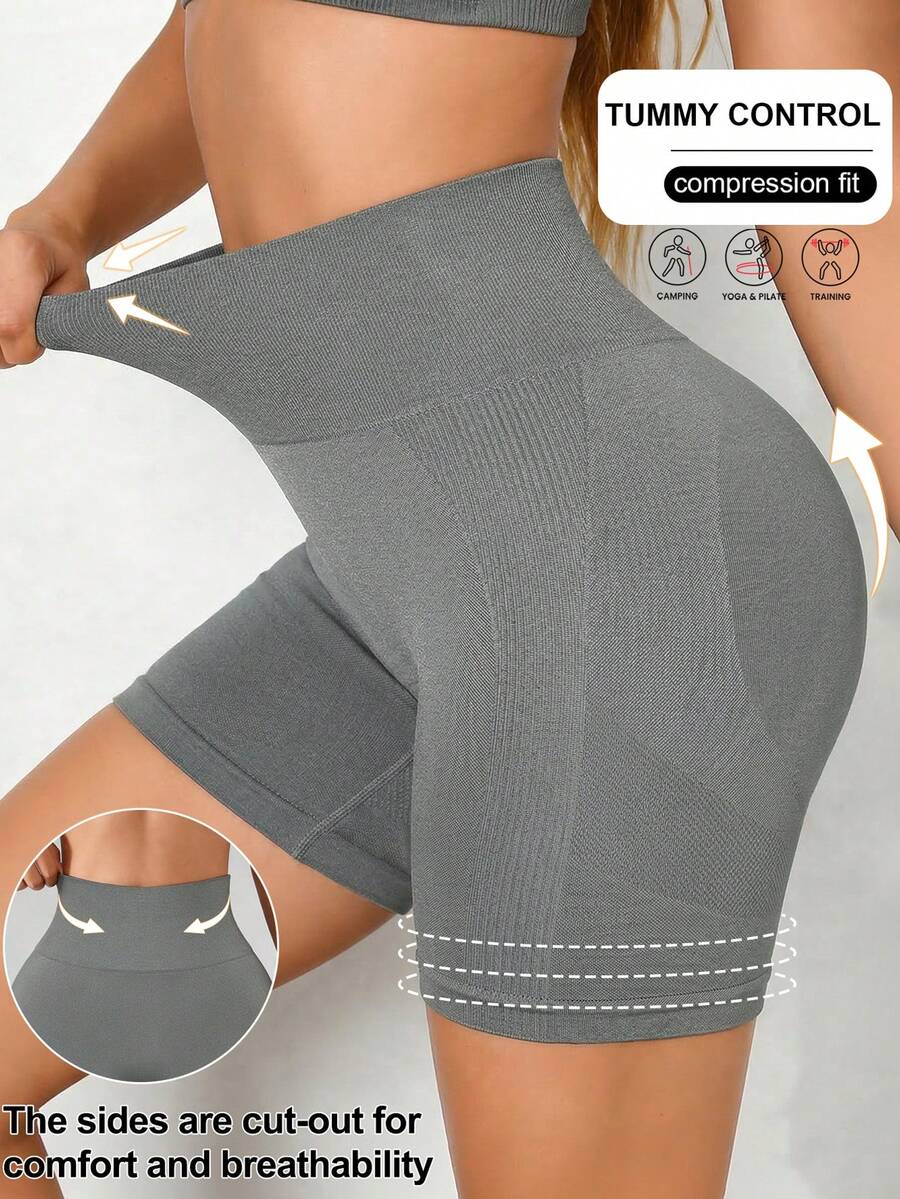 Pantalones cortos deportivos de mujer con control de abdomen, cintura alta, cintura moldeadora, malla transpirable y diseño sin costuras para yoga, fitness, running y ciclismo - Gris - Ver 1