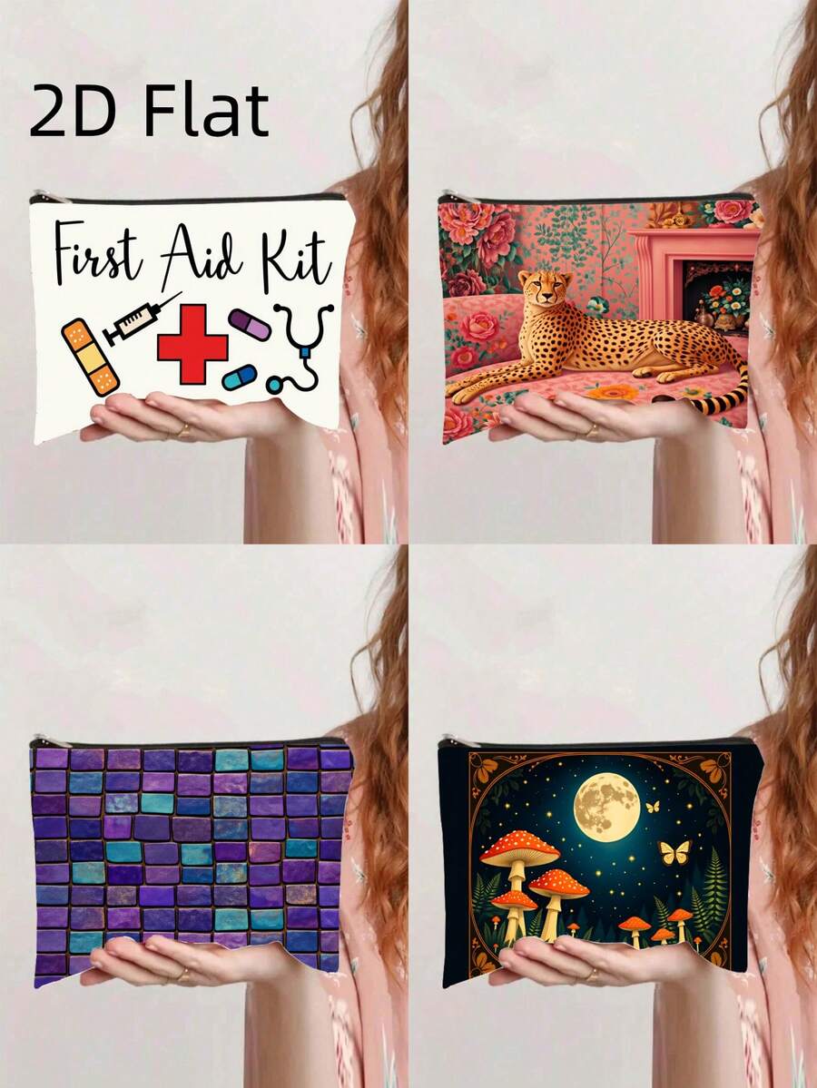 1pc A First Aid Kit Printed Washbag, Which Can Also Serve As A Makeup Or Cosmetic Bag. It Features A Sturdy, Fade-Resistant Zipper And Is Lightweight And Foldable, Making It Essential For Everyday Use And Travel. With Double-Sided Printing - View 1