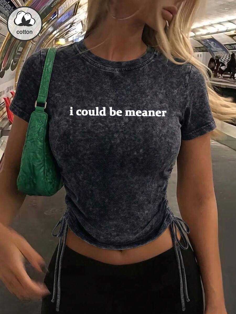 Es Trus Cotton Summer Women's Funny Printed Creative "I Could Be Meaner" Letter Pattern Streetwear Korean Style Comfortable Retro Basic Fashionable Y2K Style Women's Clothing, Sweet & Edgy Girl Style Black Fitted Sexy Drawstring Crew Neck Washed T-Shirt Casual - Black - View 1