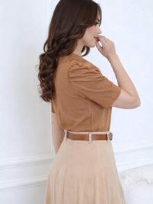 Elegant Short Sleeve Blouse Evangelical Fashion Puff Sleeve - Rust Brown - View 3