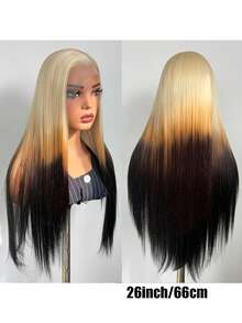 13x4蕾丝前假发，渐变金棕色长直合成发，耐热纤维，柔软预拔发际线，适合日常、派对及各种场合。 - 彩色 - 查看 4