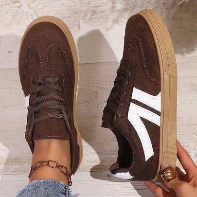 女士新款休闲系带运动鞋，时尚户外街头风运动鞋，大码学生仿麂皮厚底鞋