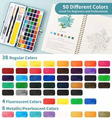 Watercolor Workbook, Water Coloring Book, 12 Different Patterns Of Original DIY Designs, 50 Colors Watercolor Paint Set With Palette And Brush, Beginner-Friendly Watercolor Workbooks (Bouquets) - 套裝 - 查看 5