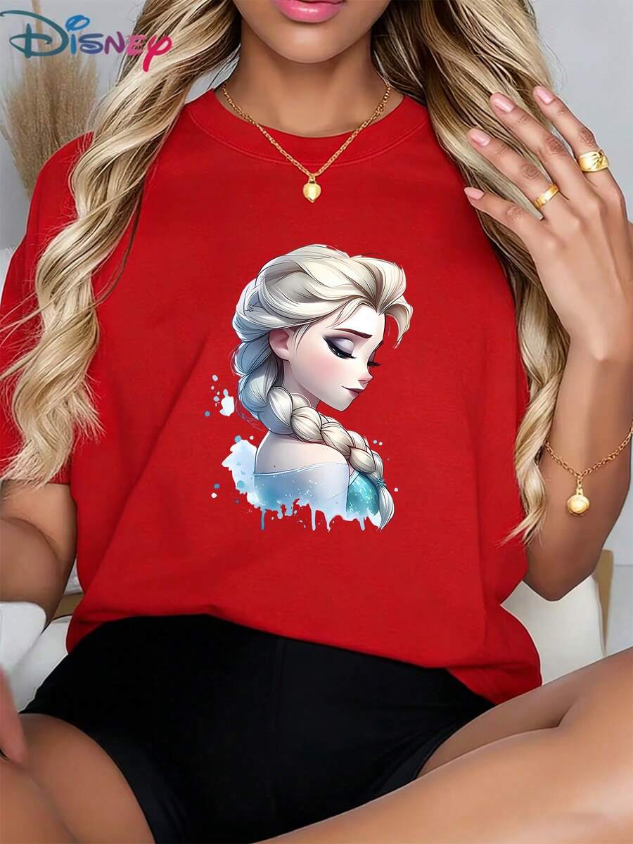 Disney Soft Stretch Women's Crew Neck T-Shirt, Featuring Elsa Watercolor Graphic (Icy Artistic Print) - Comfy For Casual Days, Frozen TeeMade From Soft, Comfortable, And Durable Pure Cotton, This Is An Ideal Choice For Spring And Summer. This Crew Neck T-Shirt Is Suitable For Various Occasions, Including Everyday Wear, Shopping, Parties, Travel, And Gatherings, And Also Makes A Thoughtful Gift. - 紅色 - 查看 1