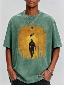 Men's Vintage Wash Tee - Half-Life Logo Print Casual Daily Wear - Vintage T-Shirts - Graphic T-Shirts - Graphic Tees Men's Clothes - Crew Neck Short-Sleeved Shirts, Summer Street Style Outfits - Men's Gifts - 綠色 - 查看 3