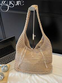 复古手工编织单肩包 时尚女士镂空编织手提包 大容量纯色钩针编织托特包 夏季网眼沙滩包 休闲大容量编织包 女士单肩包 休闲编织女士手工沙滩托特包 斜挎包 - 彩色 - 查看 1