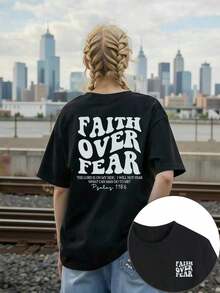 1pcs Plus Size Women's T-Shirt, Printed With "FAITH OVER FEAR" And Bible Verse Designs On The Back, Suitable For Church Services, Religious Activities - 黑色 - 查看 11