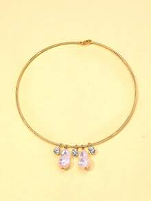 1pc Fully Paved Crystal & Cultured Pearl Open Collar Necklace, Elegant For Banquet & Party - Gold - View 2