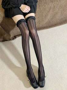 Women's Lace Mesh Over The Knee Socks With Bow & Ruffle Trim Sweet Lolita Style Socks For Daily Fashion Outfit, Cozy Socks - 米色 - 查看 9