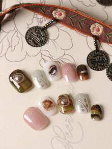 10pcs Press On Nails White Green Pink Golden Leaf Leaves Press On Nail Supplies Fake Nails Short Office DailyWear False Nails Artificial Nails Kit Includes 1sheet Adhesive Tabs &1 Pc Mini File Handmade Press On Nails - Multicolor - View 3