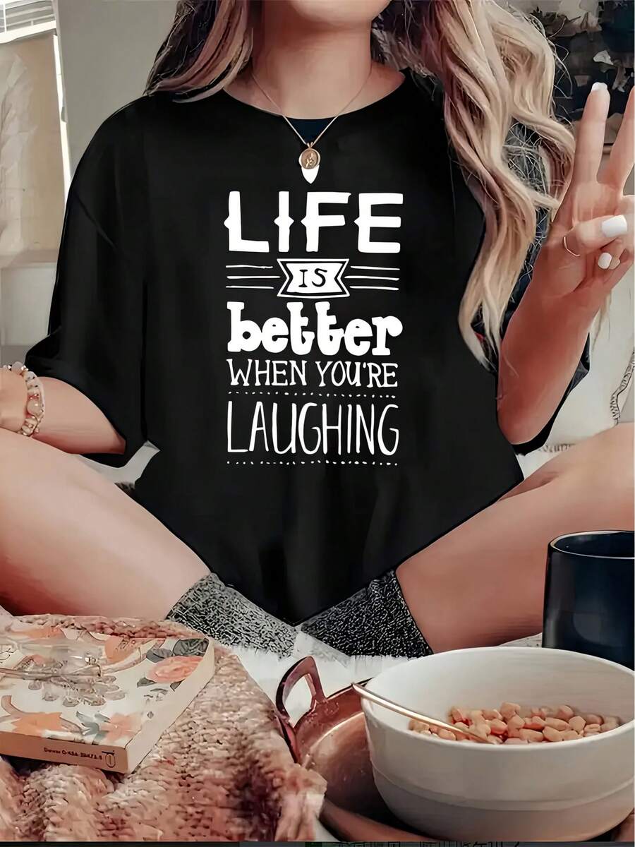 T-shirt à motifs imprimés, haut décontracté à manches courtes et col rond, tenue printemps/été pour femme. - Noir - Voir 1