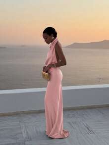 Basrey Vestido formal de color rosa sólido con cintura anudada y espalda descubierta de largo medio, adecuado para banquetes formales, bodas, fiestas y citas - Rosa vieja - Ver 1