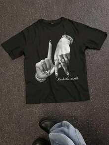 Camiseta Casual Minimalista para Mujer con Estampado de Gestos de Mano, Corte Holgado, Cuello Redondo, Manga Corta, Ligeramente Transparente, Adecuada para Otoño y Verano - Negro - Ver 7