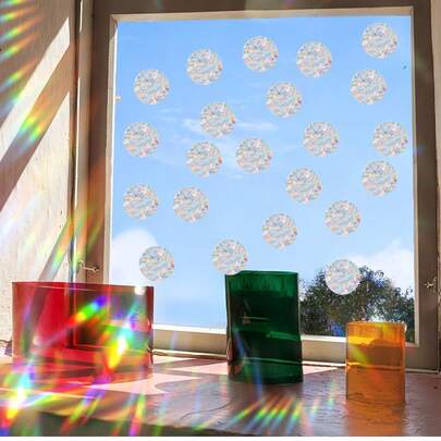 15pcs Rainbow Round Anti-Bird Window Stickers, 16mil PVC Prism Stained Glass Window Film, Catcher, Modern Design, Static Cling Durable Film, Home Decor, Holiday Decoration