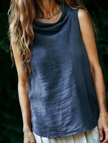 女士夏季新款时尚宽松复古度假风背心，女士夏季服装，度假装，纯色露肩无袖上衣 - 藏蓝色 - 查看 3