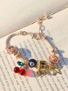 1件豹纹、樱桃、星星吊坠手链、星星女孩手链、豹纹手链、黑色8号球豹纹手链、星星DIY手链 - 銀色 - 查看 8