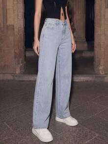 Quần jeans nữ ống rộng rách rưới phong cách Y2K, kiểu dáng thường ngày, màu denim sáng. - Màu xanh lam - Xem 4