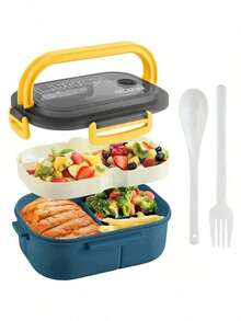 1个实用多功能午餐盒，3种颜色可选 - 防漏午餐盒，带餐具，可微波炉加热，三格分隔设计 | 绿色硅胶保温午餐盒，适合学校、工作或户外用餐 | 安全锁扣盖，返校必备 - 彩色 - 查看 6