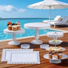Wedding Party Essentials,8pcs Dessert Table Display Set: Romantic Golden Round Cake Stand & Cupcake Tower For Birthday Parties, Weddings & Baby Showers, Gold/Cream White - 白色 - 查看 3