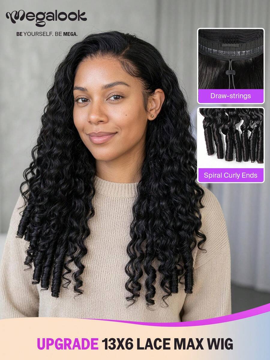 MEGALOOK Water Wave Burmese Curly Human Hair Wig 13x6 Three-Go™ Glueless Transparent Lace Wig With Finger Coil Ends 100% Human Hair Pre Cut Lace Front Pre Bleached & Pre Plucked Natural Hairline Tiny Knots Easy Wear With Drawstring Breathable Cap 18-26 Inch Natural Black Wig - No Glue Needed Beginner Friendly - Natural Black - View 1