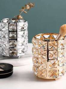 1pc Round/Square Makeup Brush Holder, Storage Bag, Makeup Brushes, Storage Box, Crystal, Beads, Shiny, Gold, Comb, Pen Holder, Storage Container, Candle Holder, Makeup Tool Storage - Gold - View 10