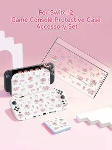 1 Set Cute Cartoon Pink Floral Pattern Compatible With Switch2 (2025)/Switch NS/Switch OLED Game Console Accessories, Including Protective Case/Dock Cover/Storage Bag, TPU Soft Shell, Stylish And Practical, Portable Stand, Shockproof, Scratch-Resistant, Anti-Fouling, Romantic Gift - Multicolor - View 1