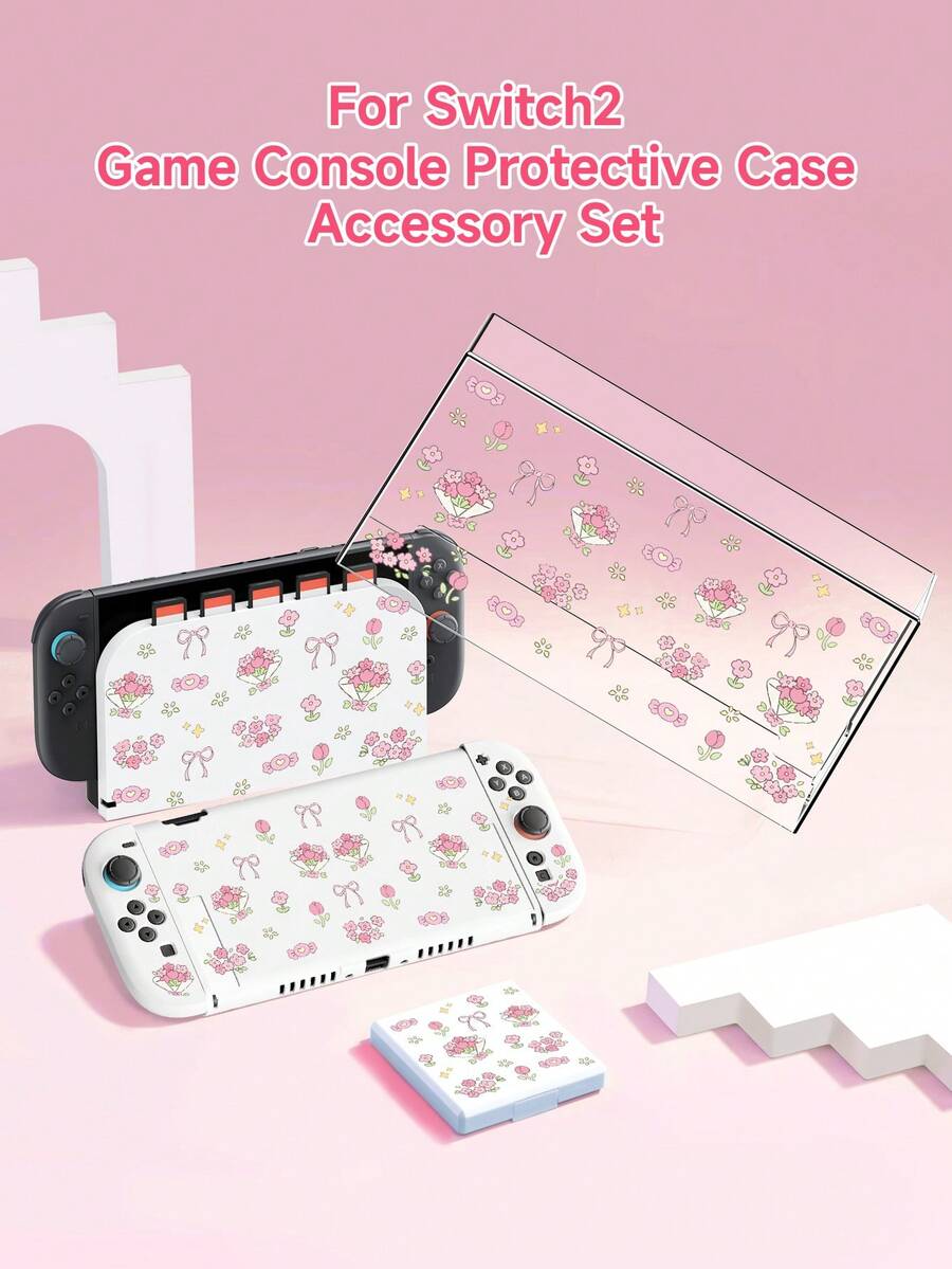 1 Set Cute Cartoon Pink Floral Pattern Compatible With Switch2 (2025)/Switch NS/Switch OLED Game Console Accessories, Including Protective Case/Dock Cover/Storage Bag, TPU Soft Shell, Stylish And Practical, Portable Stand, Shockproof, Scratch-Resistant, Anti-Fouling, Romantic Gift - Multicolor - View 1