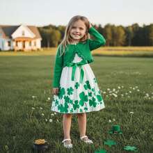 Baby Girls 2Pcs Irish Outfits Sleeveless Shamrock Print Dress + Long Sleeve Cardigan Set Toddler Clothes - 綠色 - 查看 2