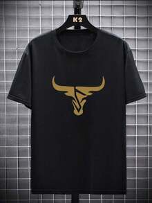Men's Summer Bull Head Print Round Neck Short Sleeve Casual T-Shirt - 黑色 - 查看 2