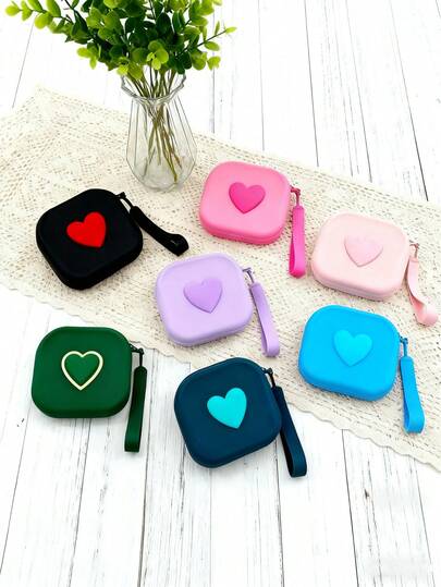 1pc Silicone Cosmetic Bag, Heart-Shaped Mini Storage Pouch, Waterproof Makeup Bag, Lipstick Case, Key Holder, Jewelry Organizer, Coin Purse, Multi-Functional Portable Small Pouch, Earphone & Accessories Organizer, Convenient For Outdoor Use
