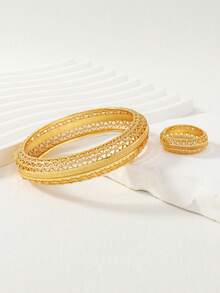 两件套中东斋月沙特阿拉伯风格镀金镂空宽手镯和戒指首饰套装，包含1个手镯和1枚戒指 - 金黃色 - 查看 3