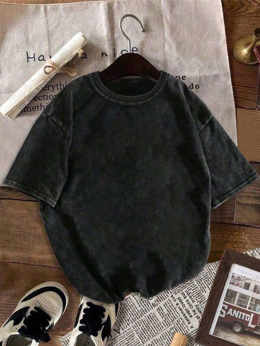 Men's Japanese Cherry Blossom & Kanji "Hito Wo Matanai" Graphic Vintage Washed Black Oversized Short Sleeve T-Shirt | Japanese Streetwear Tee - 黑色 - 查看 1