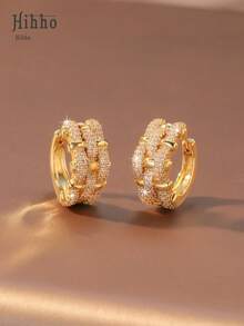 Hihho 1 Pair High-End Fully Hoop Earrings With Cuban Chain, Gold/Silver Plated Luxurious Streetwear Earrings, The Cuban Chain + Full Combination Breaks The Conventional Sweet Style, Precise Niche Cool Aesthetic - Multicolor - View 2