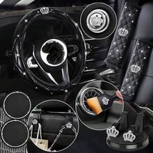 Bộ 11 phụ kiện trang trí xe hơi - Họa tiết vương miện - Bọc vô lăng không có vòng trong, miếng đệm vai dây an toàn xe hơi, móc treo ghế trước xe hơi, phụ kiện trang trí nút khởi động một chạm, giá đỡ điện thoại, tấm lót cốc, chổi vệ sinh - Trang trí nội thất xe hơi - Hoa văn vương miện - Xem 7