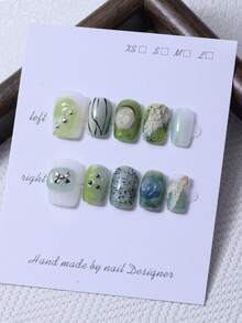 10片/套 手工制作的Y2K绿色短方形美甲片，饰有3D手绘波浪和手绘渐变海洋图案。采用金属珠装饰。套装包含1片果冻胶和1把指甲锉。非常适合派对和正式场合佩戴，也适用于美甲贴片和美甲护理产品。 - 綠色 - 查看 3