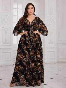 SUPGIR Plus Size Waist Pleated Digital Floral Print Elegant Chiffon Maxi Dress, Random Floral Pattern Cut - Black - View 4