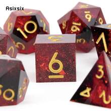 Juego de 7 dados de resina roja con bordes dorados y múltiples facetas, adecuado para juegos de rol RPG y juegos de mesa - Albaricoque - Ver 6