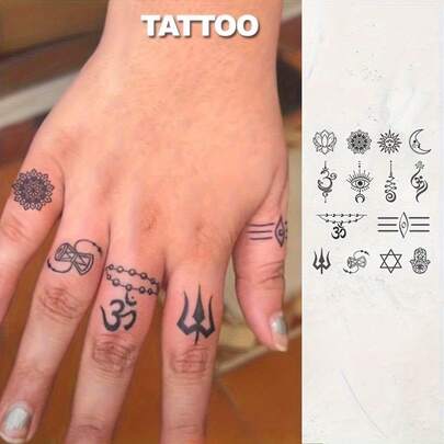 临时纹身贴纸 - 梵文力量符号和神秘曼陀罗图案，防水，可持续长达15天，适用于手部和颈部，男女通用，包含唵、三叉戟和图腾符号，象征精神守护