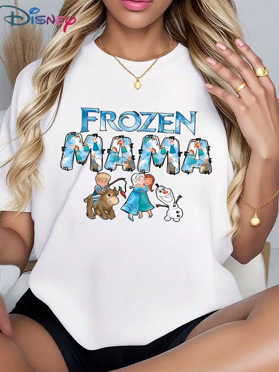Women's Red Disney Crew Neck Tee, Character-Filled "MAMA" Letters With Elsa & Anna Hug Print - Versatile For Everyday WearMade From Soft, Comfortable, And Durable Pure Cotton, This Is An Ideal Choice For Spring And Summer. This Crew Neck T-Shirt Is Suitable For Various Occasions, Including Everyday Wear, Shopping, Parties, Travel, And Gatherings, And Also Makes A Thoughtful Gift. - 黑色 - 查看 1