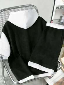 Set de 2 piezas de ropa deportiva casual para niños, conjunto de camiseta de manga corta con capucha y pantalones cortos con diseño de parche de waffle, para primavera/verano - Negro - Ver 2