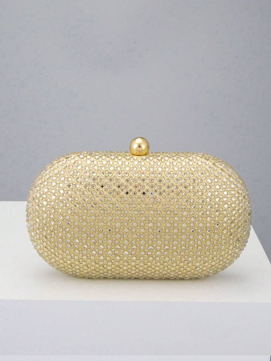 Elegant Fashion Rhinestone Embellished Oval Clutch Bag - Gold - View 1