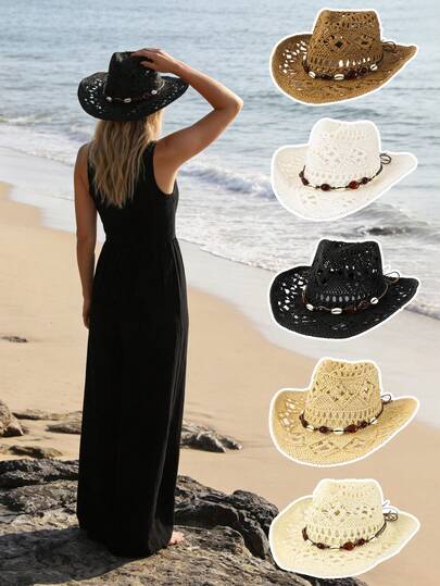 1pc Cool Black Hollow Straw Cowboy Hat, Breathable Crochet Weave With Red Beads, Amber Shells Decor, Retro Wide Brim, Sweet & Edgy Vibe, Suitable For Music Festivals, Street Style, Western Outfits, Creates Unique Attention-Grabbing Look