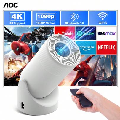  AOC Mini Proyector con Ajuste de Rotación 180°, Native 1080p y soporte 4K, 8000 Lúmenes, WiFi y Bluetooth, Corrección Automática Vertical Keystone, Proyector Doméstico para Móvil