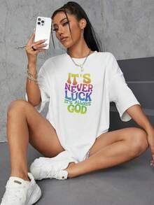 T-shirt femme coloré, << Ce n'est jamais de la chance, c'est toujours Dieu », t-shirt déC-ontracté à manches courtes, 1 pièce, épais eT- Confortable, col rond, doux, charmant, 1 pièce, 100 % coton, t-shirt vintage pour femme, motif 2D, col rond, manches courtes, convient toute l'année. - Blanc - Voir 3